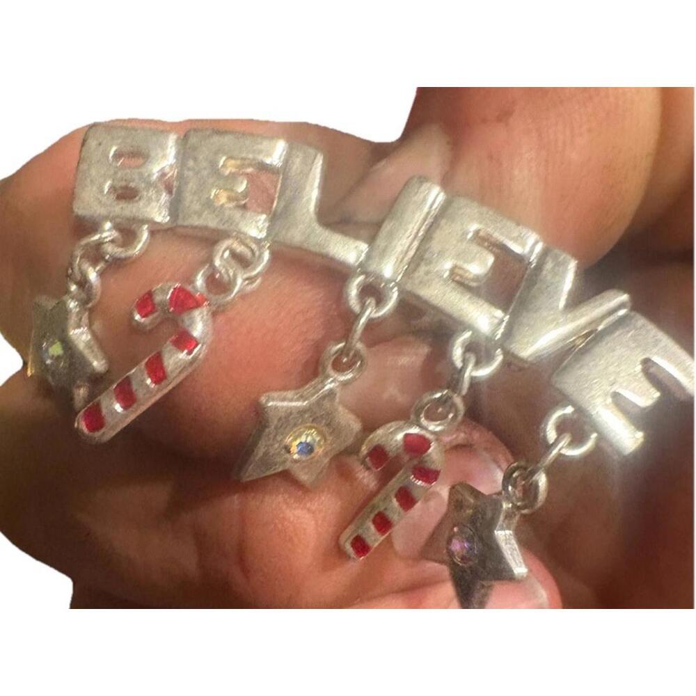 Believe Dangling Candy Canes & Stars Holiday Christmas Vintage Brooch P63